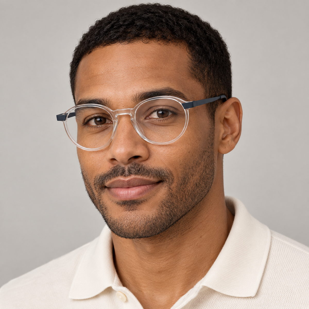 Oscar Cristal & bleu mat porté par un mannequin homme – simulation IA